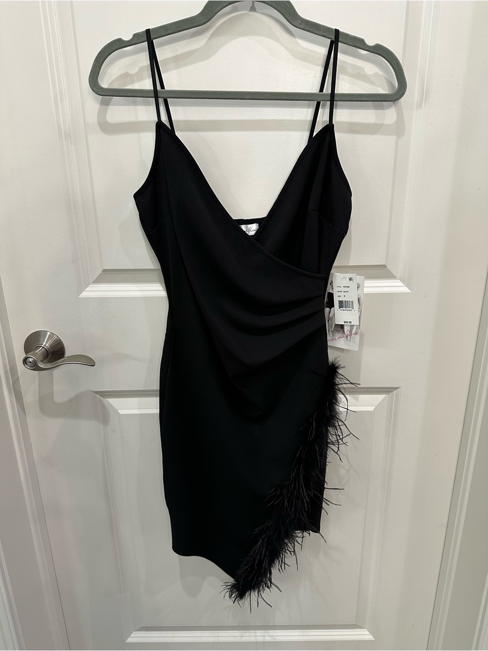 Black Feather-Trim Mini Dress with adjustable Straps